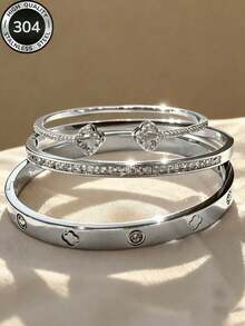 Fashionable Stainless Steel + Copper 18K Gold Plated Women's Floral Rhinestone Bracelet Set, Includes 14K Gold Heart-Shaped Copper Zirconia Open Bangle - Silver - View 4