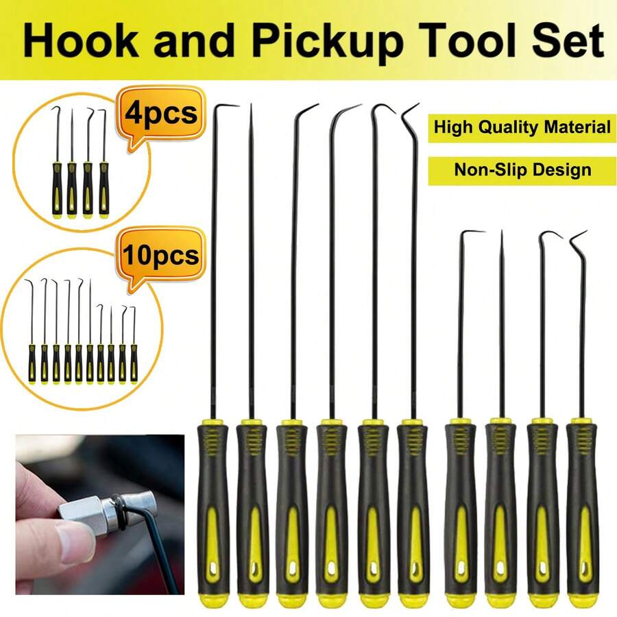 4/10pcs Precision Hook Kit, Automotive Oil Seal/O-Ring Gasket, Mini Precision Hook - Durable Tool, Suitable For Automotive Professional Puller Disassembly Machinery Tool (Yellow)