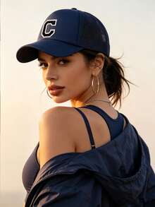 1pc Unisex Printed Mesh Baseball Cap, Breathable Adjustable Trucker Hat, Suitable For Summer Beach, Golf, Running, Daily Wear - Navy Blue - View 6