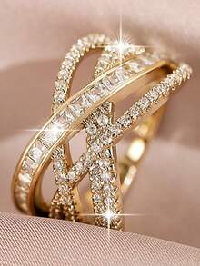 1pc/3pcs/5pcs Luxury Geometric Cubic Zirconia Gold Adjustable Rings Sets,Unique Versatile For Daily Wear,Engagement/Wedding Banquets,Anniversary Gift - Yellow Gold - View 16