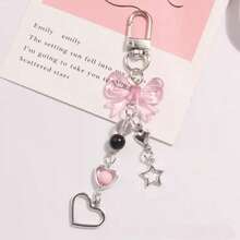 1pc Y2K Fashion Heart Pink Bead Bow Lanyard Phone Strap Keyring Pendant Phone Charm Black Cord Beaded Keychain Hollow Star Keyring Decor For Phone Key Bag - Multicolor - View 6