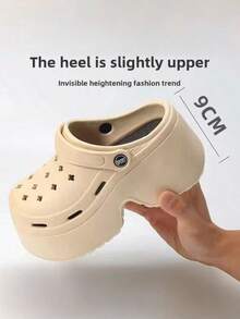 Pantofole da donna con piattaforma spessa e traforata, sandali slip-on in EVA traspirante con cinturino posteriore regolabile e rialzante, scarpe mule casual estive per spiaggia e uso all'aperto, antiscivolo e anti-odore - Cachi - Visualizzare 6