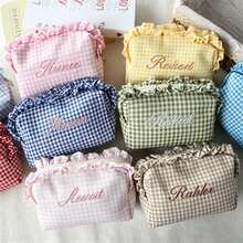Personalized Gingham Cosmetic Bag, Ruffle Trim Makeup Pouch, Custom Name Toiletry Organizer, Small Travel Storage Bag, Coin Purse, Cute Gift - Multicolor - View 11