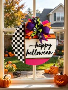 Halloween Front Door Hangings, Halloween Checkered Wreaths, "Happy Halloween" Wreaths, Front Door Decorations, 3D Wreaths, Vintage Home Decor, Outdoor Porch Wooden Signs, Gifts - Multicolor - View 10