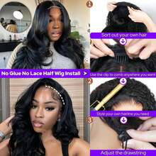 ZHENDEFA Body Wave Half Wig Human Hair 3 In 1 Seamless Flip Over Glueless Wigs With Drawstring Beginner Friendly Headband Wig For Women Daily Wear - SNatural - View 5