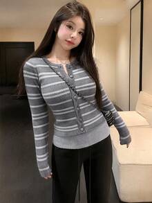 Autumn/Winter 2 In 1 Colorblock Striped Button Design Slim Fit Flattering Sweater - Grey Stripes - View 3
