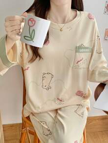2pcs/Set Women's Pajamas Homewear Set, Round Neck Pullover Simple Casual Cute Rabbit Print Long Sleeve Long Pants, All Season Wear, Easy Care Fabric - Apricot - View 7