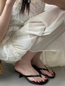 百搭新款極簡夏季女款小貓跟中跟夾腳涼鞋，亮片裝飾細跟夾腳拖鞋 - 黑色 - 查看 5