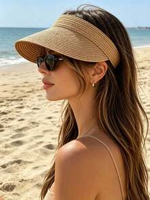 1pc Women's Straw Sun Hat, Wide Brim Open Top Sun Hat, UV Protection, Suitable For Beach And Outdoor Activities - Multicolor - View 2