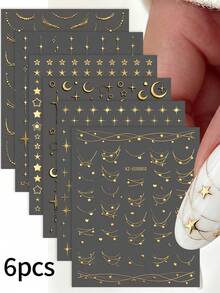6Pcs Y2K Metallic Golden Silvery Star Nail Art Stickers 3D Starry Moon French Line Nail Decals Cyberpunk Gothic DIY Manicure Decoration Sticker - 彩色 - 查看 10