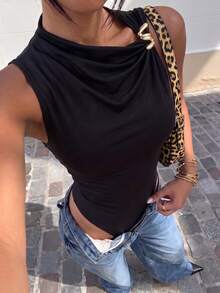 Women's Solid Color Ruched Metal Decor Sleeveless Bodysuit, Suitable For Vacation & Beach Black Elegant Summer - Black - View 1