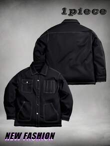 Vintage Contrast Stitching Black Shirt Jacket Men's Streetwear Casual City Walk Versatile Solid Color Outerwear - Black - View 4