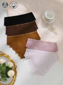 5pcs/Set Women's Sexy Comfortable Lace Patchwork Knit Fabric Elegant Mid-Waist Briefs - Multicolor - View 3
