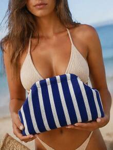Hollow Blue And White Knitted Striped Clutch, Summer Beach Bag, Purses And Bags For Women, Makeup Bag, Handbag, Holiday Gift - Blue and White - View 2