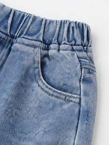 1件女童趣味太空彈性腰直筒牛仔褲，春秋時尚百搭 - 中等水洗藍 - 查看 3