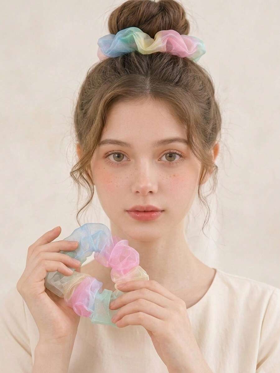 4件組彩虹漸層髮圈,夢幻少女風髮帶,春夏百搭髮飾,適合女孩與青少年 - 彩色 - 查看 1