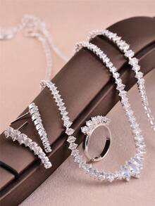 CORUIXI 1 Set Exquisite Compact Diamond Jewelry Set For Women, Shiny Zirconia + Rhinestone Necklace, Earrings, Bracelet, Ring, 4-Piece Elegant Accessories Suitable For Festivals And Daily Wear - Silver - View 3