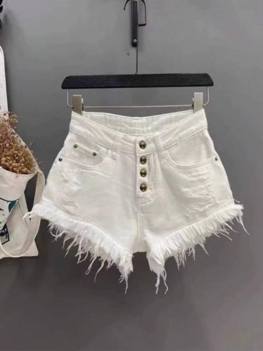 Summer Vintage High Waisted Distressed Denim Shorts Women Retro Y2K Spicy Girl Slimming A-Line Raw Hem Hot Pants Casual Beach Party Streetwear - 淺藍色 - 查看 1
