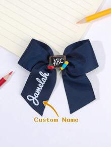 1/2pcs Personalized Name Back To School Hair Clips, ABC Pencil Blackboard Pattern, White Yellow Navy Blue Satin Ribbon Bow Alligator Clips - Multicolor - View 6