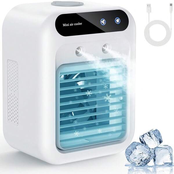Climatiseur portable, mini rafraîchisseur d'air rechargeable avec double brumisation, 2 vitesses, ventilateur personnel silencieux USB-C pour la chambre, le bureau, le camping et les activités de plein air.