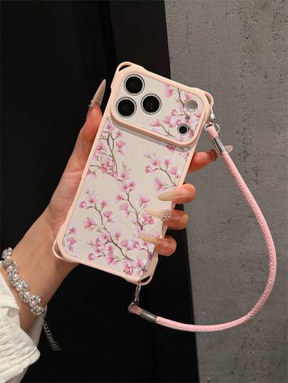 1 pieza Funda protectora de cuero PU con patrón floral rosa de pantalla completa, cobertura total antideslizante y anticaída en las cuatro esquinas con correa, compatible con Apple 11/12/13/14/15/16 Pro Max/17/17 Pro y otros modelos de teléfono, se puede dar como regalo festivo a amigos