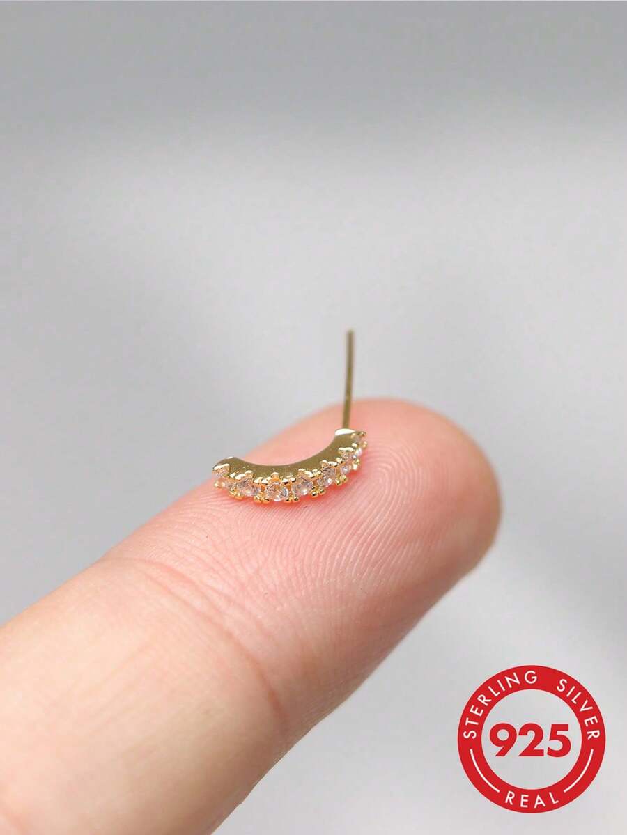 1pc Exquisite 925 Sterling Silver L-Shaped C-Curve CZ Nose Stud Piercing Jewelry 24G - Gold - View 1