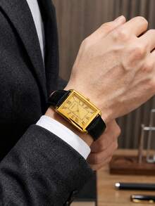 1PC Men's Classic Vintage Gold Rectangular Quartz Wrist Watch, Roman Numeral Dial With Date Display, Black PU Leather Strap Fashion Casual Men's Watch, Birthday Father's Day Christmas Gift - Black Gold - View 5