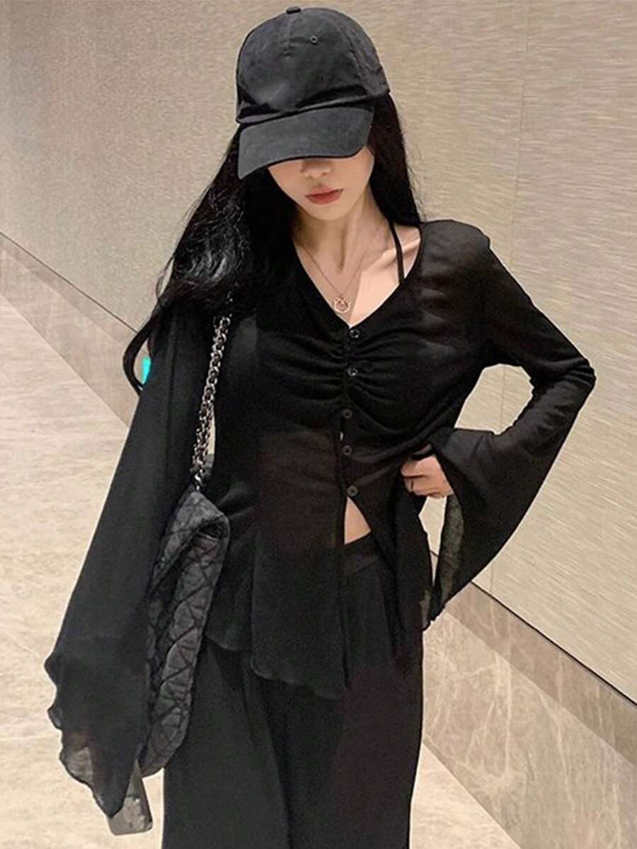 Women's Sun Protection Cardigan, Sexy Black Summer New Thin Design V-Neck Flared Long Sleeve Top - Black - View 1