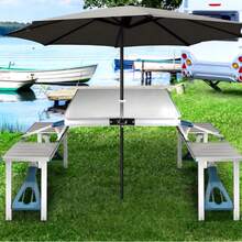 Set di 2 tavoli da campeggio portatili pieghevoli in alluminio con panche, tavolo da picnic per esterni, mobili da viaggio leggeri per barbecue, spiaggia, giardino e campeggio. - Argento - Visualizzare 6