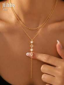 Hihho 1pc Zirconia Inlaid Fashion Star Y-Shaped Necklace, Geometric Starburst Design Suitable For Gifting And Daily Wear - Star - View 1