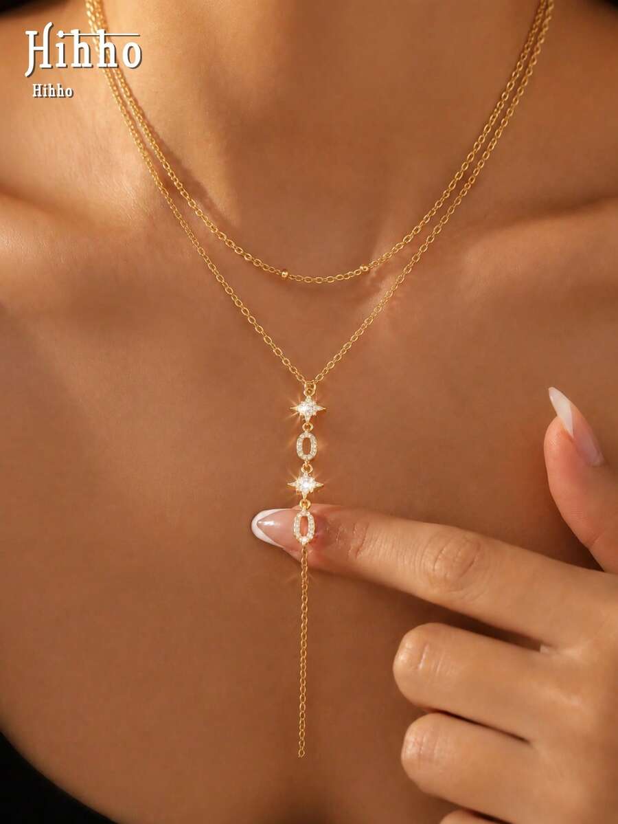 Hihho 1pc Zirconia Inlaid Fashion Star Y-Shaped Necklace, Geometric Starburst Design Suitable For Gifting And Daily Wear - Star - View 1