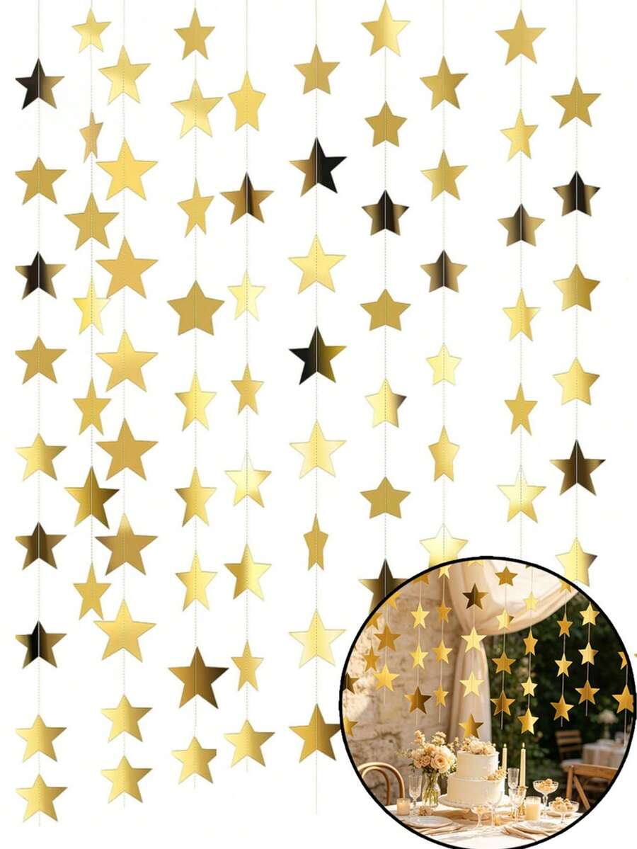 33/66pcs/String Gold Star Hanging Banner, Double-Sided Shiny Stars, Suitable For Wedding, Engagement, Birthday, Graduation Party And Other Occasions Photo Backdrop Decoration - Gold - View 1