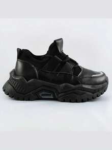 Lace-Up Platform Sneakers, Sports Shoes, Slip-On + Laces, Imitation Leather, Thick Sole. - Black - View 4