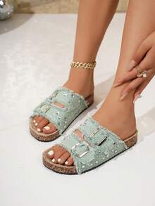 Sparkly Rhinestone Fringed Denim Cork Slide Sandals, Double Buckle Open Toe Summer Beach Thick Sole Sandals Solid Color Beach Buckle Vacation - Green - View 5