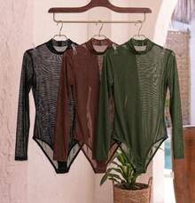 Basic Tulle Bodysuit With Long Sleeves - Fall/Winter 2025 Fashion - 3-black+Brown+Green - View 1