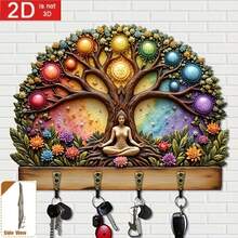 2D Flat, 1pc, Seven Chakra Tree Of Life Wooden Multi-Function Key Holder With 4 Metal Hooks, Vintage Boho Wall Key Rack Organizer, Entryway Hallway Living Room Bedroom Kitchen Office Decor, Christmas New Year Gift, All Season Home Decor - Multicolor - View 2