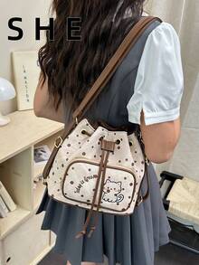 Korean Style Niche Design Backpack Large Capacity Cute Casual Versatile Student Bucket Bag - Coffee - View 3