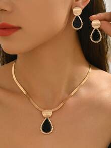 Juego de 3 piezas de joyería minimalista de moda para mujer: collar + pendientes, metal cepillado dorado con diseño geométrico redondo + colgante de gota de aceite de encaje negro en forma de lágrima con cadena de hoja, joyería elegante para mujer adecuada para uso diario, regalo, fiesta, banquete - Amarillo Oro - Ver 1