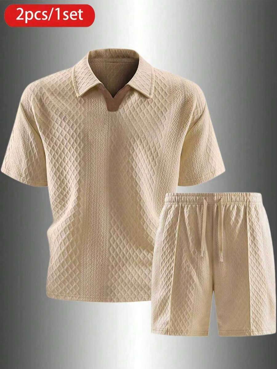 2pcs/Set Setelan Atasan Lengan Pendek dan Celana Pendek Gaya Boyfriend Pria Musim Semi/Panas untuk Mendaki Gunung, Olahraga Luar Ruangan, dan Olahraga Cepat Kering - Khaki - View 1