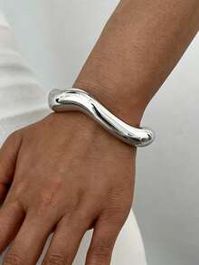 3/1pc Set Vintage Exaggerated Bohemian Style Wide Wave & Geometric Shape CCB Material Silver Open Bangle Bracelet For Women, Spring/Summer Daily, Party, Beach, Vacation, Gift Accessory - Silver - View 5