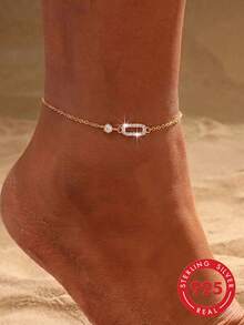 1pc S925 Sterling Silver Minimalist Thin Chain Geometric Anklet For Women, Niche Gentle Style, Versatile For Vacation, Commute And Daily Wear, Adjustable Delicate Small Foot Chain, Gift For Best Friend And Girls On Holidays - Geometry - View 12