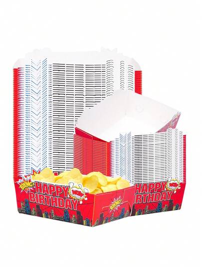 10pcs/20pcs/30pcs/50pcs Red Spider Web Paper Food Trays, Pop Up City Building Comic Print Snack Serving Boats,Happy Birthday BANG WOW Cartoon Paper Food Holders For Spider Themed Birthday Party,Hero Party Supplies, Popcorn Fries Nacho Candy Container
