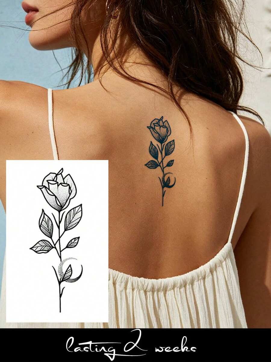 Herbal Juice Semi-Permanent Tattoo Sticker, Minimalist Rose Pattern, 14 Days No Fading, Music Festival Party Gift, Arm Leg Shoulder Neck Collarbone Body Temporary Tattoo Sticker, 1pc/Pack - Blue - View 1