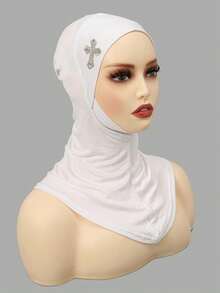 1pc High-Quality Cross Rhinestone Muslim Women Elegant Headscarf, Versatile Style For Daily Casual Outings - White - View 4