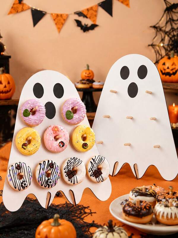 Ghost-Shaped Donut Display Stand, White Wooden Dessert Holder With Wooden Peg, Freestanding Desktop Decor For Halloween Party, Bridal Shower, Birthday Party, Autumn Indoor Event Tabletop Decoration