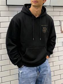 SU ER Men's Autumn/Winter Printed Loose Fleece Hooded Sweatshirt | Leading Fashion - Black - View 5