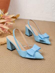 蝴蝶結裝飾優雅性感高跟尖頭包頭派對舒適耐穿女鞋 - 淺藍色 - 查看 5