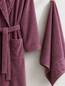 Diamond Pattern Jacquard Shawl Collar Bathrobe - S/M - L/XL - Made In Turkey - Burgundy - View 3