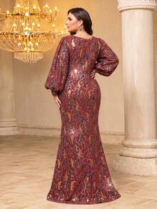 SUPGIR V-Neck Lantern Sleeve Sequin Elegant Dress - Red - View 2