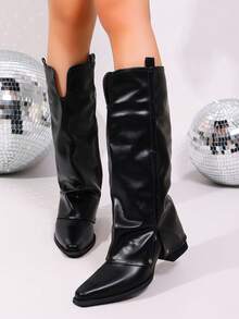 Western Style Side Zipper Holiday Pointed Toe Fashion Boots - Black - View 4